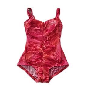 Maxine Slimming Ruched One-Piece Swimsuit ~ Orange & Red ~ Floral ~ Sz 12